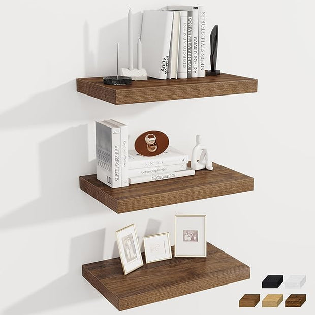 Fun Memories 12 Inch Deep Floating Shelves for Wall, 20 Inch Long Wall Mounted Storage Shelf with Invisible Brackets, 3 Pack Hanging Wood Shelf for Farmhouse, Bedroom, Kitchen, Living Room, Walnut
