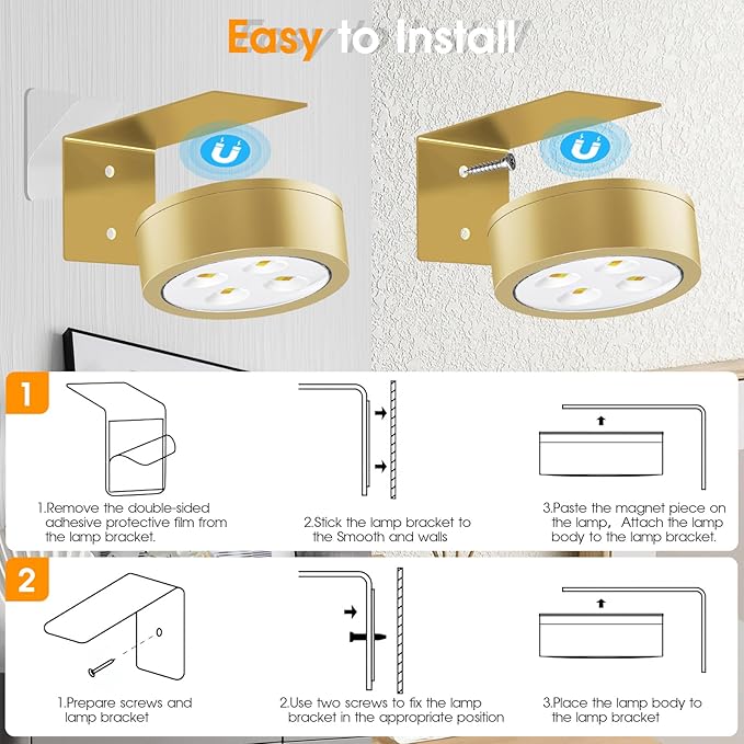 RGB Picture Light Battery Operated Painting Lights for Wall Wireless Magnetic Display Art Light with Remote Controls,Dimmable&Timer for Art Frame Artworking,6Pack Gold