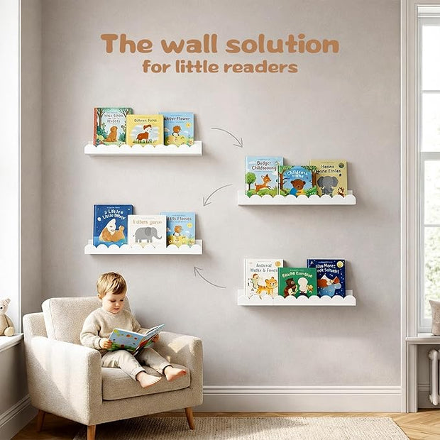 Nursery Floating Shelves for Kids Room, 4 Pack 15.7 Inch White Wall Shelves with Scalloped Edge, Kids Bookshelves for Toddler Bedroom, Playroom, Baby Nursery Decor