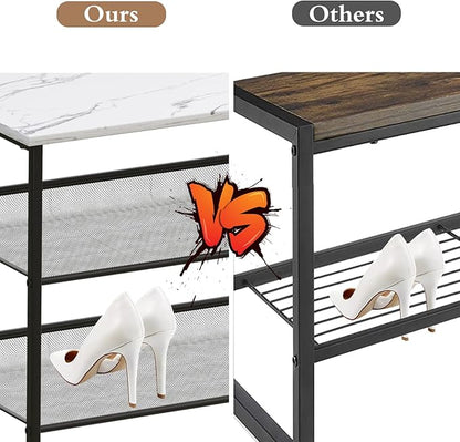 Garden 4 you Shoe Rack for Entryway 4 Tiers 11.8" D x 25" W x 28" H, Metal Shoe Rocks with White Wooden Tabletop, Angled Shoes Rack with Adjustable Mesh Shelves for Entryway Hallway Closet
