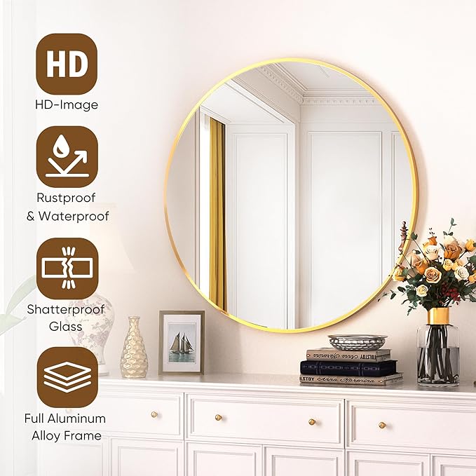 Antok 30 Inch Round Mirror for Wall, Round Bathroom Mirror, Circle Wall Mirrors with Gold Metal Frame, Circle Mirrors Suitable for Wall, Bathroom, Vanity, Living Room, Entryway