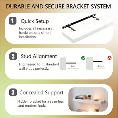 Solid Wood Floating Shelves,15in Finished Real Wood Wall Shelves with Heavy-Duty Hidden Bracket, Easy Installation, Set of 2, 15in x 7.1in x 1.5in, for Living Room Bedroom Kitchen,White