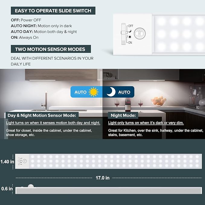 Under Cabinet Lighting, 84 LED Motion Sensor Light Indoor Rechargeable, 3200mAh Closet Lights Battery Operated for Kitchen Cabinets, Shelves, Walls