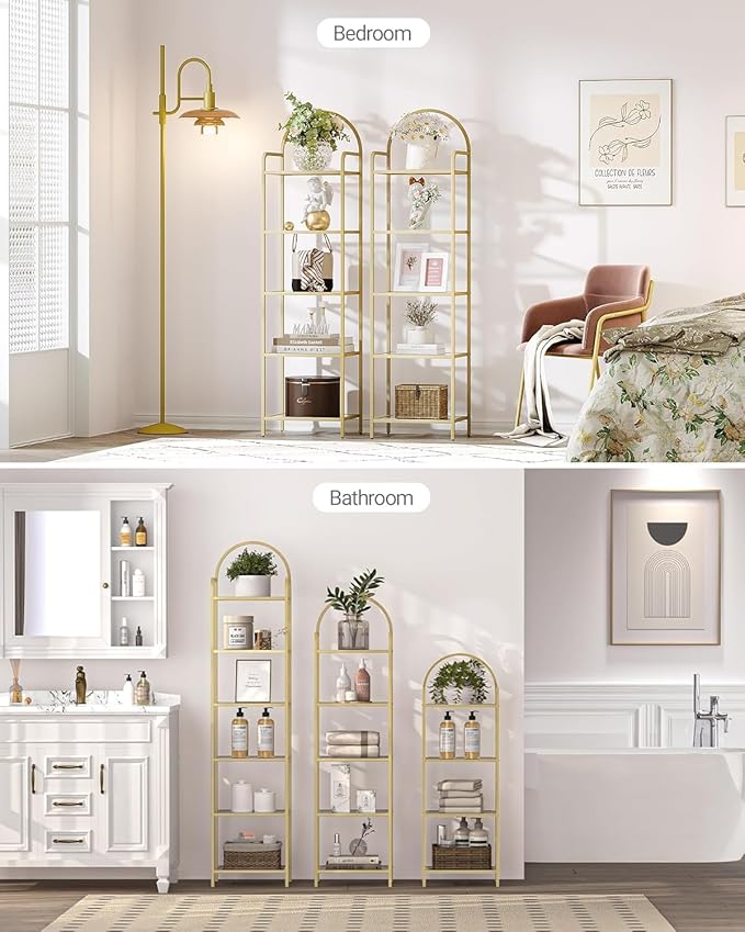 Bookcase Bookshelf, Tempered Glass Bookshelves, Slim Shelving Unit for Bedroom, Bathroom, Home Office, Steel Frame, 6 Tier Gold BC10601G