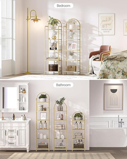 Bookcase Bookshelf, Tempered Glass Bookshelves, Slim Shelving Unit for Bedroom, Bathroom, Home Office, Steel Frame, 6 Tier Gold BC10601G