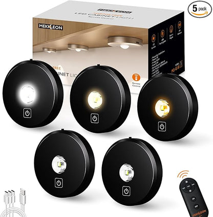Puck Lights Cordless with Remote Control, 2200mAh Rechargeable Under Counter Lighting,3 Color Temperatures Dimmable Under Cabinet,Closet Light,Tap Light for Hallway (Black, 5PCS)