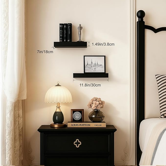 Floating Shelves Bathroom for Wall, Bathroom Shelves Over Toilet, Wall Shelves & Book Shelf, Hanging Shelf, Modern Wooden Wall-Mounted Small Floating Shelves, 12x7x1.5 in (Black, Set of 2)