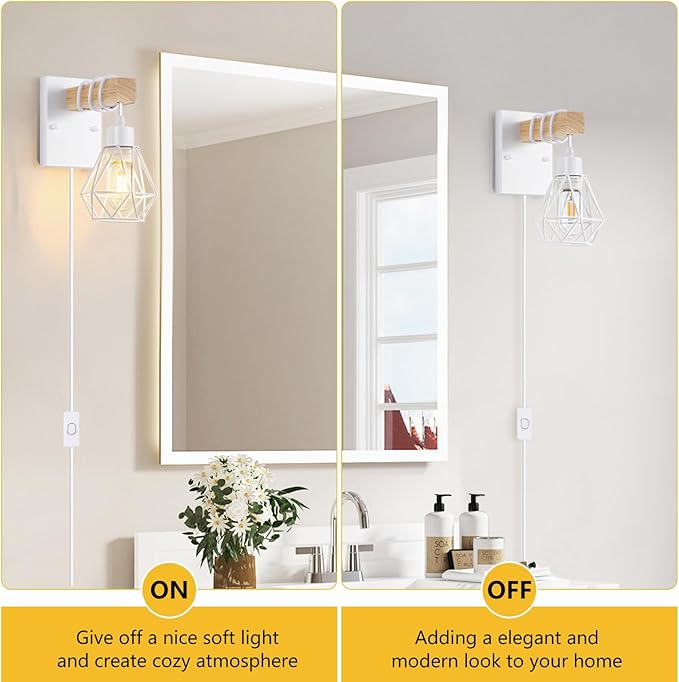 White Plug in Wall Sconces Set of Two, Modern Wall Lights with 5.25FT Plug in Cord, Wooden Bedside Wall Lamps with Metal Shade, Industrial Wall Lighting Decor for Living Room, Hallway, Stairs