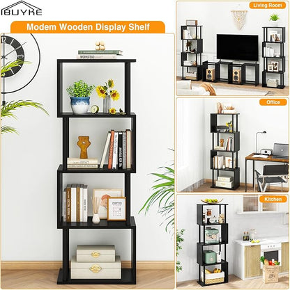 IBUYKE 5-Tier Tall Bookshelf,S-Shaped Geometric Bookcase, Wood Display Shelves with Storage,Modern Bookshelf for Living Room Bedroom, Home Office, Black WBC015B