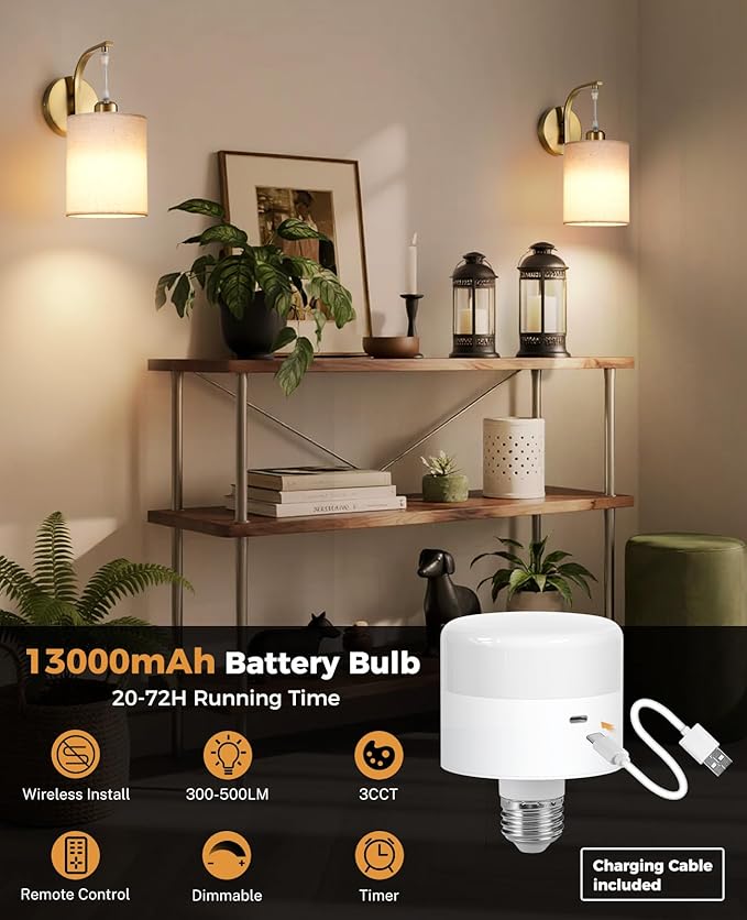 Battery Operated Wall Sconce Set of Two, Pleated Fabric Rechargeable Wireless Wall Sconces with 13000mAh Bulb & Dimmable, Battery Sconces Wall Light Decor Set of 2 for Living Room, Gold