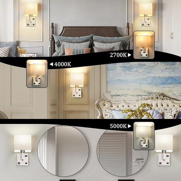 AVV Bedroom Sconces Set of 2, Wall Mounted Bedside Lamps with USB Port, AC Outlet and 3 Color Selectable 2700K/4000K/5000K, Wall Lamps for Bedroom Living Room Hotel, Hardwire, Nickel