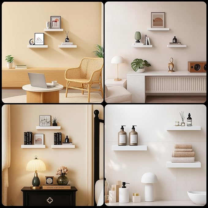 Floating Shelves for Wall, Bathroom Shelves Over Toilet, Wall Shelves & Book Shelf for Room, Hanging Shelf, Modern Wooden Wall-Mounted Small Floating Shelves, 12x7x1.5 in (White, Set of 3)