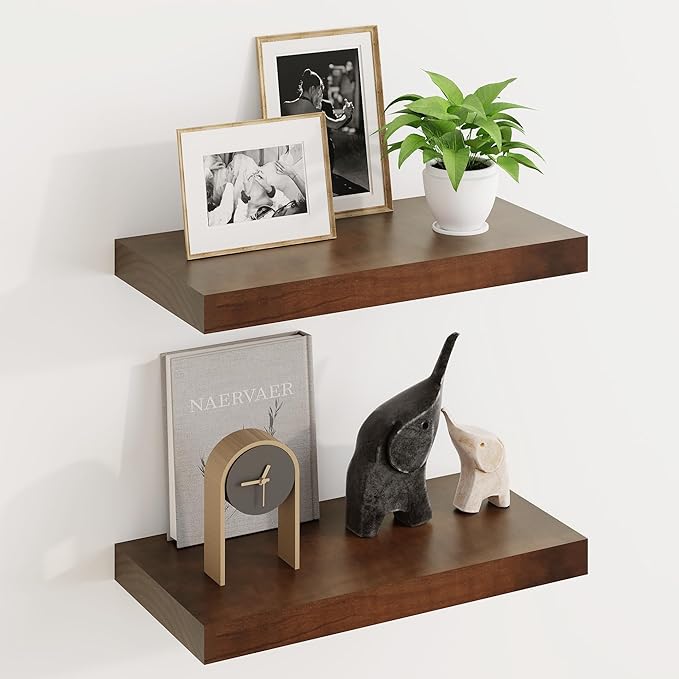 Fun Memories Wood Floating Shelves Set of 2, Rustic Pine Wood Floating Shelves for Wall Mounting, Wide Wall Shelf for Home Decor and Storage, 16