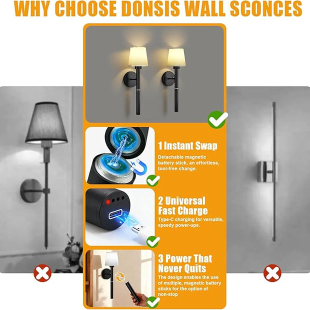 Magnetic & Detachable Wireless Wall Sconces (Black) - 5200mAh Rechargeable Battery Bar for Staircase, Bedroom, Lounge
