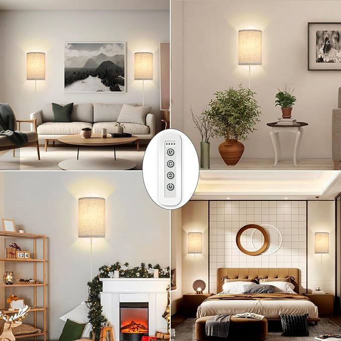 Wall Sconce Light Plug in, Dimmable Sconces Wall Decor Set of 2, Stick on Wall Lights for Bedroom Living Room Hallway, Plug in Wall Sconces with Remote, LED Bulbs Included