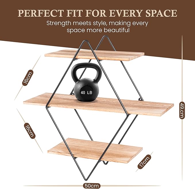 Modern Wooden Floating Wall Shelf Decor for Wall Storage – Geometric Design Decorative Wall Mount 3-Tier Hanging Shelf Plant Display for Bedroom, Living Room, Bathroom, Kitchen