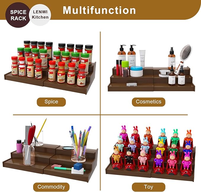 Spice Rack Organizer for Cabinet 2 Pack, 3 Tier Expandable Bamboo Spice Storage for Kitchen Cupboard Pantry, Brown