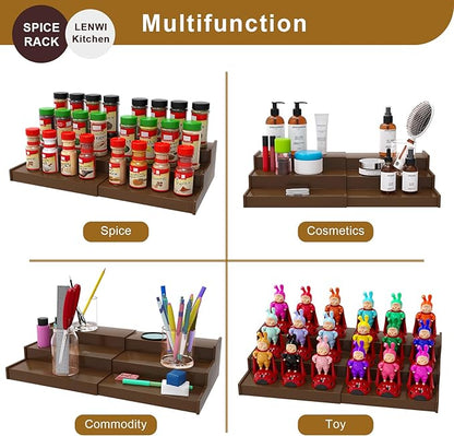 Spice Rack Organizer for Cabinet 2 Pack, 3 Tier Expandable Bamboo Spice Storage for Kitchen Cupboard Pantry, Brown