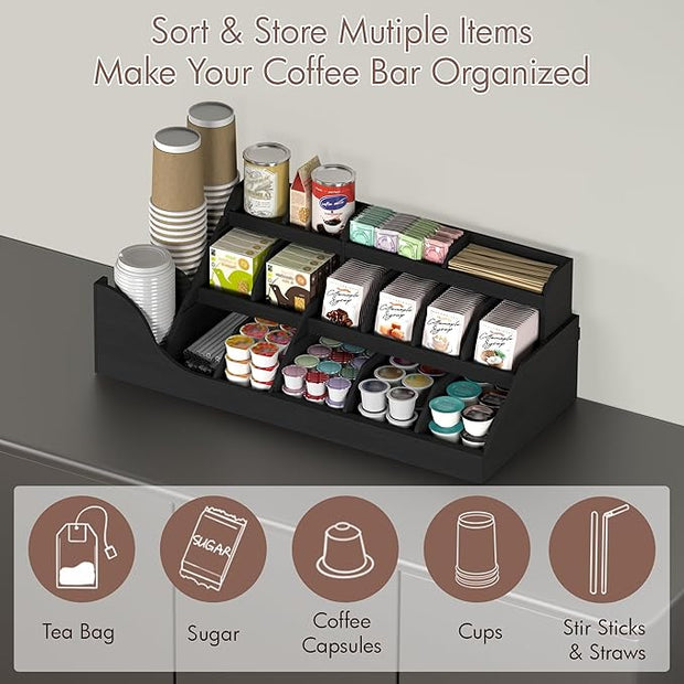 Suli Exact Large Coffee Station Organizer,Wooden Countertop Pods Holder with Drawer,Storage for Condiment Syrup Tea Cups,Rustic Bar Decor for Accessories Organizer (3 Tiers 18 Compartments)-Black