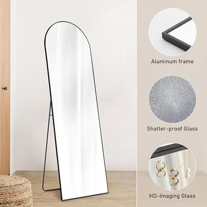 OLIXIS Arched Full Length Mirror for Bedroom, 65"x24" Full Body Mirror with Stand, Hanging or Leaning for Wall, Aluminum Alloy Thin Frame Floor Standing for Living Room, Long, Black