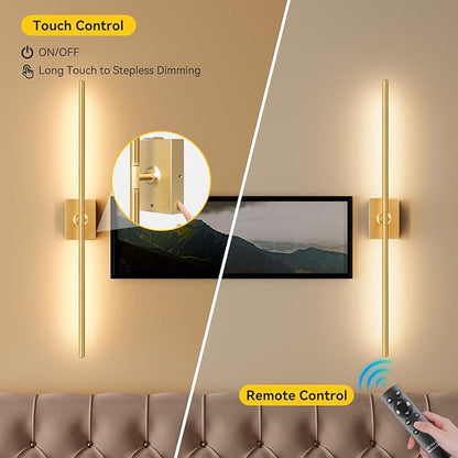 Ouyulong Battery Operated Wall Sconces Set of 2, 10000mAh Wireless Rechargeable 3000-6000K Dimmable 350° Rotate Wall Light with Remote for Living Room, Bedroom 23.6in Gold