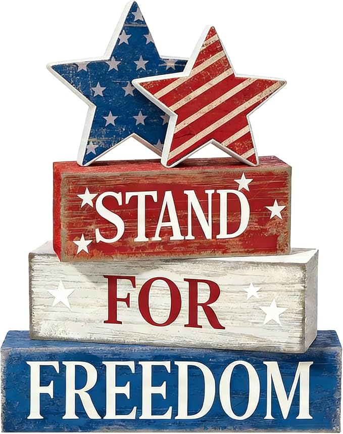 4th of July Table Decorations Patriotic Memorial Day Tiered Tray Decor Wooden Stars Block Signs Independence Farmhouse 250th July Fouth Centerpiece for Tables Wooden Sign for Home Decor