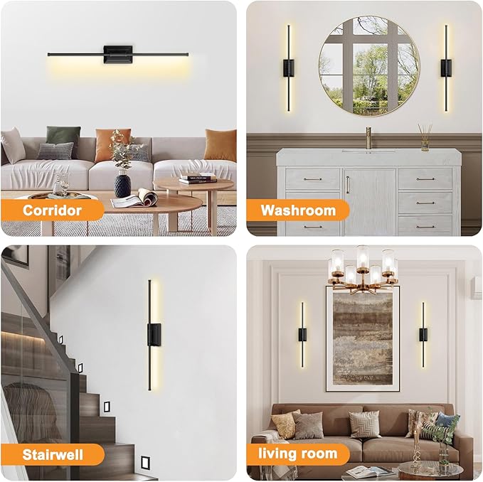 Battery Operated Wireless Wall Sconce - Modern Rechargeable Led Sconces in Black Gold Silver - Bedroom Decor Stick On Lights Set of 1 - Long Indoor Living Room Bathroom Remote Wall Light