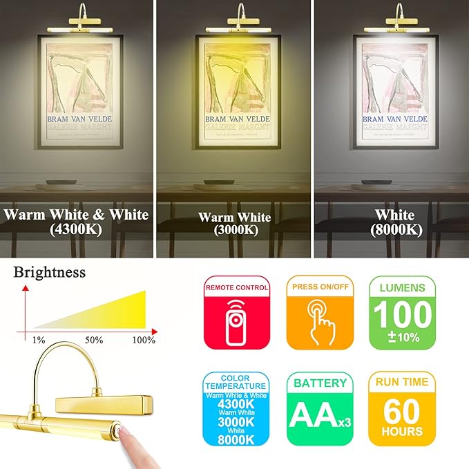 BIGLIGHT Wireless Battery Powered Bright LED Picture Light with Remote Control, 13 Inch Swivel Light Head with 3 Lighting Modes, Dimmable Lamp for Painting Photo Portrait Art Picture Frame, Gold