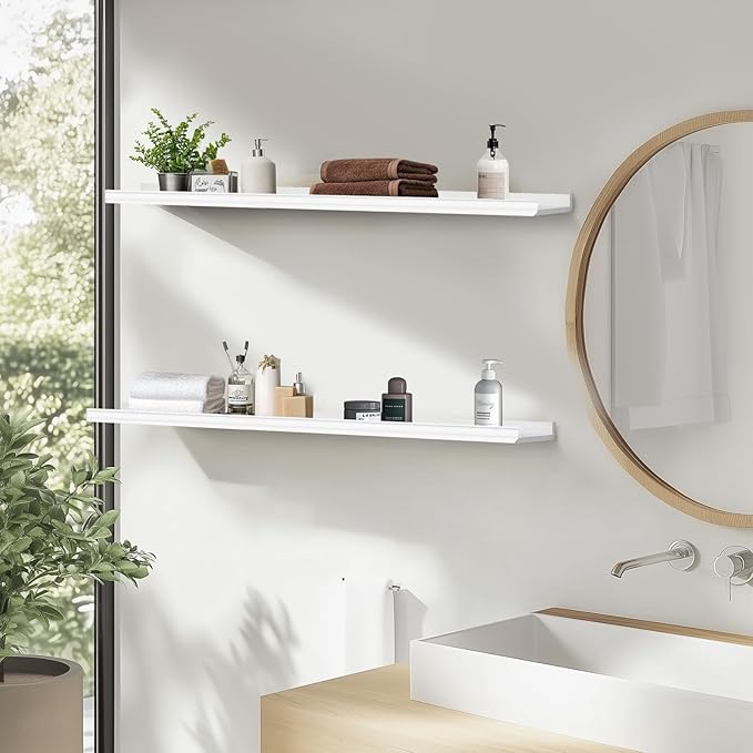 Muzilife 35.4 Inch Large Floating Shelves - Set of 2 Rustic Wood Floating Shelves - Wall Mounted Long Picture Ledge for Bathroom, Bedroom, Living Room, White, U Shape