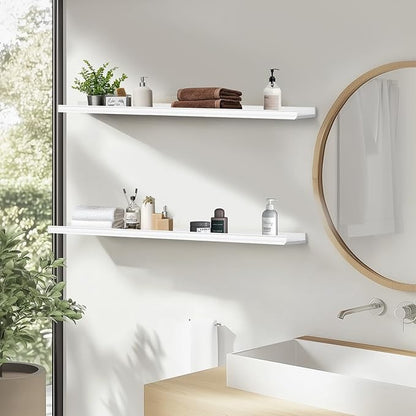 Muzilife 35.4 Inch Large Floating Shelves - Set of 2 Rustic Wood Floating Shelves - Wall Mounted Long Picture Ledge for Bathroom, Bedroom, Living Room, White, U Shape