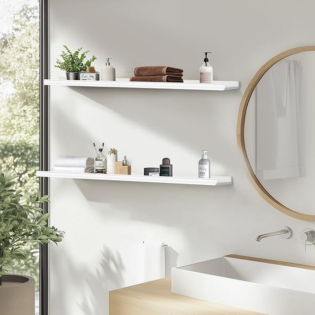 Muzilife 35.4 Inch Large Floating Shelves - Set of 2 Rustic Wood Floating Shelves - Wall Mounted Long Picture Ledge for Bathroom, Bedroom, Living Room, White, U Shape