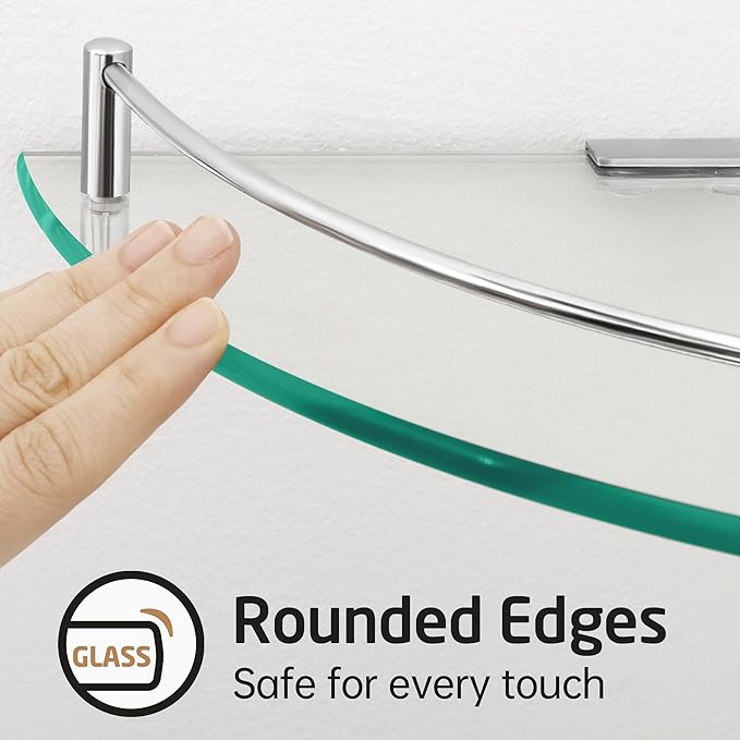 KES Glass Corner Shelf Bathroom Shelf Tempered Glass with Rail SUS 304 Stainless Steel Floating Wall Mount Bracket Polished Finish, BGS2101A