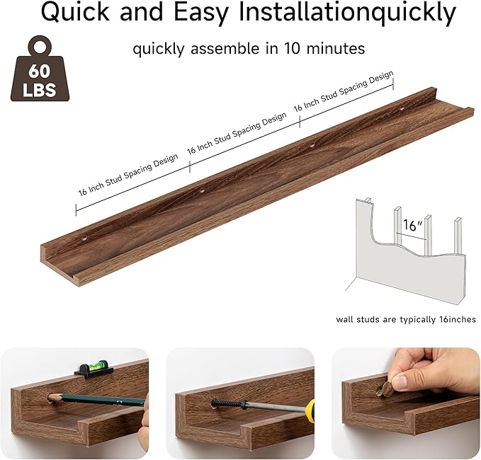 Fun Memories Picture Ledge Shelf, 60 Inch Floating Shelves Set of 2, Large Nursery Book Shelves for Toys Storage, Kids Bookshelf Wall Mounted for Wall Decor Books Photo Frames, Walnut
