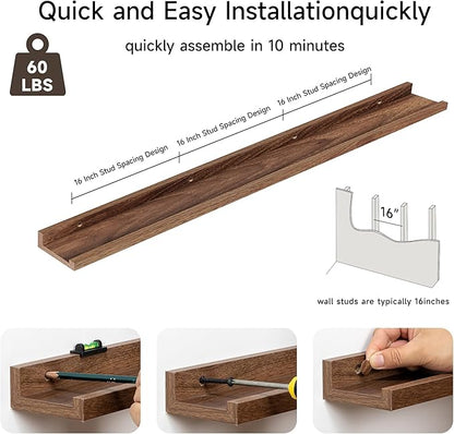 Fun Memories Picture Ledge Shelf, 60 Inch Floating Shelves Set of 2, Large Nursery Book Shelves for Toys Storage, Kids Bookshelf Wall Mounted for Wall Decor Books Photo Frames, Walnut