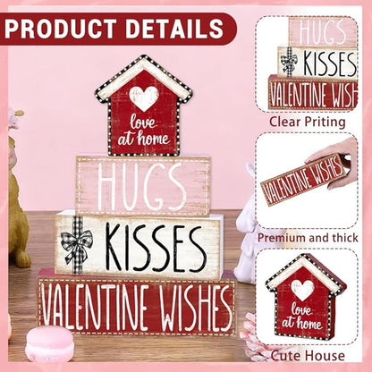 DIYDEC 4Pcs Valentine's Day Table Decoration Valentine House Wooden Block Signs Rustic Valentine Tiered Tray Decor Valentines Day Centerpiece Sign for Farmhouse Holiday Tabletop Home Party Decor