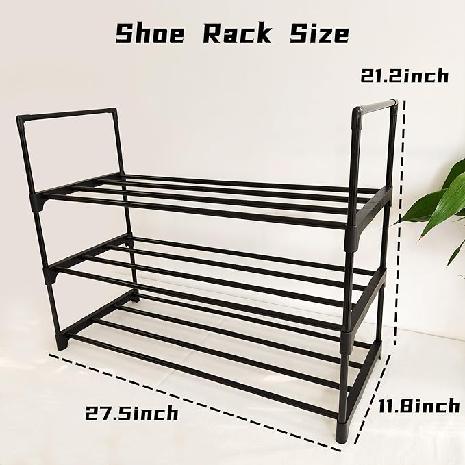 Shoe Rack Organizer, 3-Tier Reversible Metal Space Saving Shoe Storage Shelf - for Entryway, Closet, Front Door, Bedroom, Garage & Corridor-Closet Organizer, Garage Storage Shelves (Black)