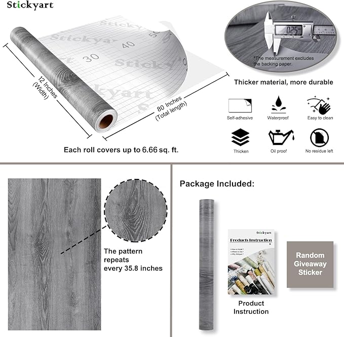 Stickyart Thick Grey Wood Cabinet Wallpaper Wood Grain Contact Paper Peel and Stick Vintage Wallpaper Self Adhesive Removable Gray Wood Paper for Countertops Cabinets Drawers Closet Shelves 12"x80"