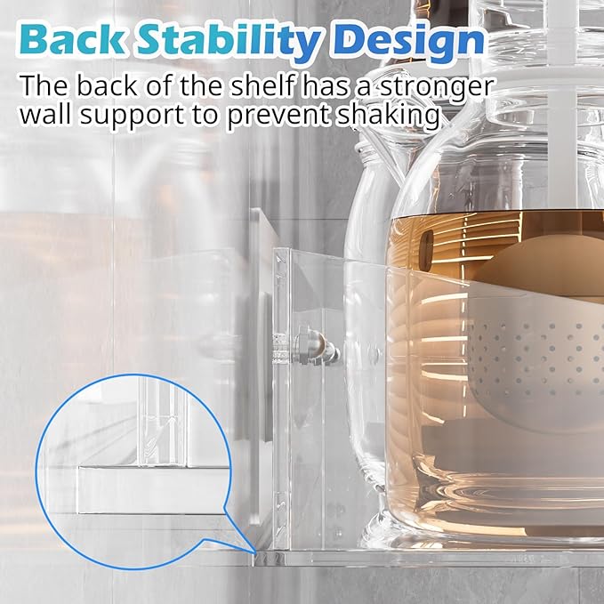 2Pack Acrylic Shower Shelves, Adhesive Bathroom Shower Caddy Organizer, No Drilling/Drilling Wall Floating Shelves for Bathroom Storage Kitchen Home Décor, No Hook