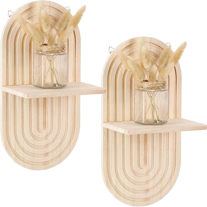Tatuo 2 Pieces Boho Wall Shelf Decor Floating Shelves for Wall Wooden Hanging Holder for Living Room Bathroom Bedroom Office Nursery Decoration(Elegant)