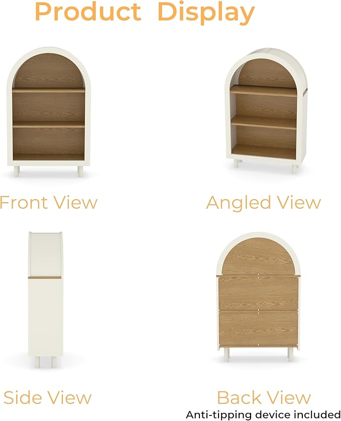 3-Tier Arched Bookcase,Modern Low Short Bookshelf,Small Wood Open Display Shelf,Arched Storage Cabinet for Living Room,Bedroom,Home Office,White