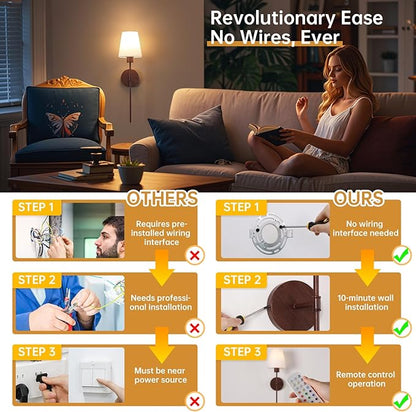 Battery Operated Wall Sconces Set of 2, Walnut Color Wall Lamp 6000 mAh Rechargeable Bulb with 12 RGB Colors Dimmable Wall Sconce for Living Room Bedroom