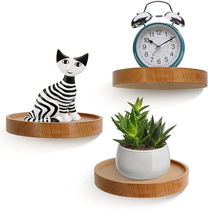 AceList 3-Pack Round Floating Shelves for Wall Decor, 6'' Diameter Beech Wood Floating Shelf, Cup Plant Wall Shelves for Bedroom, Bedroom, Living Room, Bathroom, Kitchen