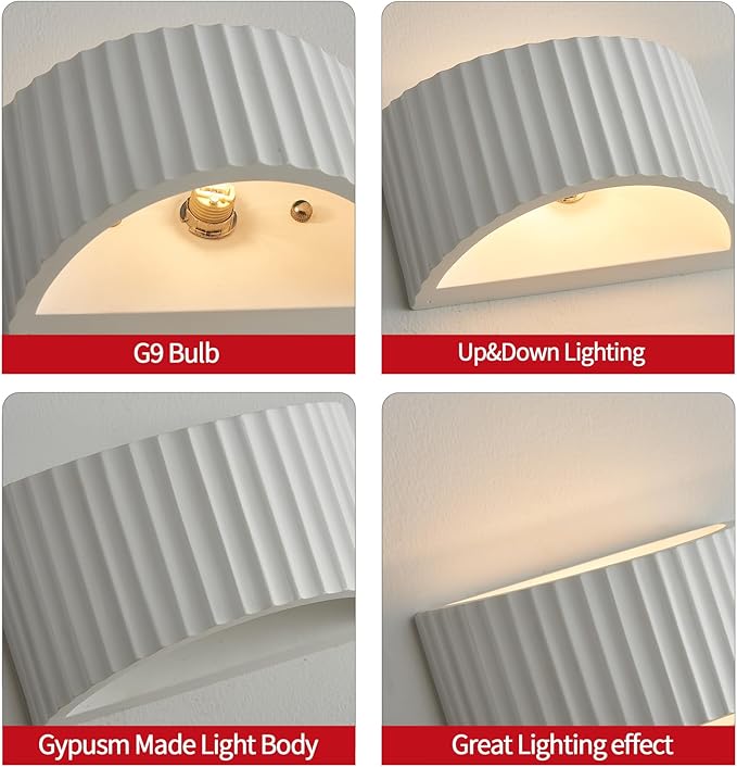 White Modern LED Wall Sconces Wall Lighting, Gypsum 3000K Warm White Indoor Hardwired Wall Mount Light Fixtures Lamp Up and Down for Living Room Bedroom Hallway Dining Room