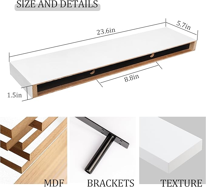 BAMEOS Floating Shelf,Wall Shelf,Decor Wall Mounted Shelves,Hanging Shelf Set L24xW6 for Bathroom Kitchen Living,Kitchen,Room Bedroom Storage,White | for Bathroom, Kitchen, Living, Room, Bedroom Storage