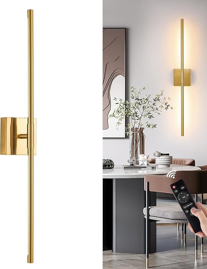 Gold Battery Operated Wall Sconces, Dimmable Wall Sconces with Remote Control, Rechargeable Sconces Wall Lighting, 40″ LED Wireless Wall Lights for Bedroom, Living Room, Bathroom