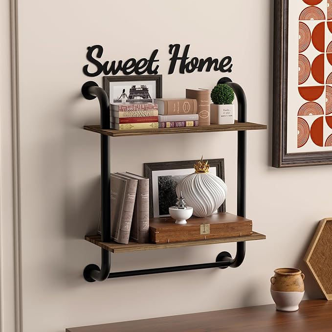 Bathroom Shelves Wall Mounted, Rustic Farmhouse Pipe Shelves, 2-Tier, Industrial Shelving Over Toilet, Floating Shelf Decor for Bathroom, Kitchen, Bedroom, Living Room 17.3 inch
