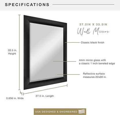 MCS Simplicity 22x28 Large Wall Mirror, Black & Beveled Detail Mirror, Vertical & Horizontal Wall Hanging Mirror for Bathroom, Bedroom & Livingroom