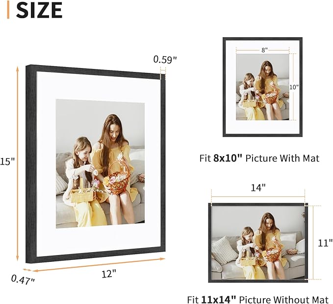 11x14 Picture Frame Set of 4, Displays 8x10 with Mat or 11x14 Without Mat, Photo Frames for Wall Hanging or Tabletop, Includes HD Plexiglass, Black