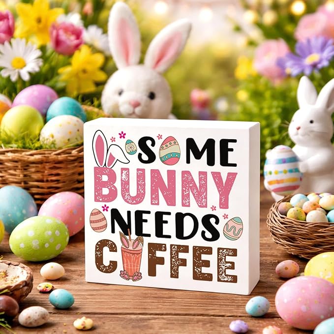 Easter Decorations Funny Bunny Wooden Sign Some Bunny Needs Coffee, Spring Coffee Bar Decor, Easter Desk Table Decorations for Home Office, Farmhouse Plaque Gift for Coworkers