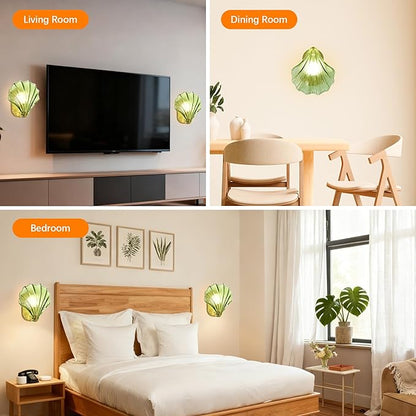 Vintage Battery Operated Wall Sconces with Remote, Green Rechargeable Wireless Wall Sconces with Magnetic LED Bulbs, Indoor Shell Shaped Wall Lights for Living Room, Bedroom, Bedside, Doorway